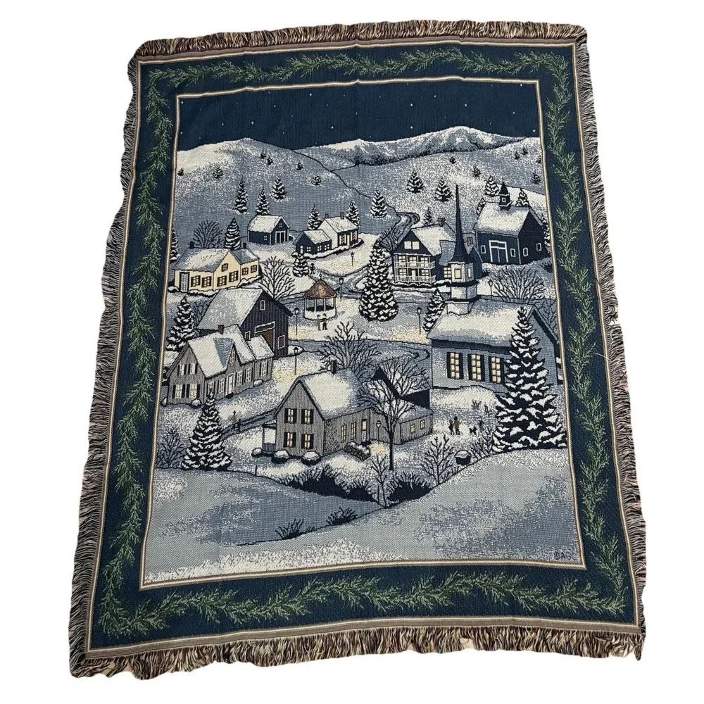 vintage Mohawk Home Winter Village Tapestry Throw Blanket Made In USA